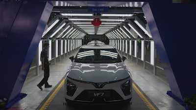 A Vinfast VF 7 electric vehicle model is seen at the plant in Thoothukudi, in the southern Indian state of Tamil Nadu, Monday, Aug. 4, 2025.