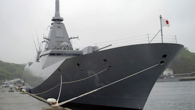 Japan’s Maritime Self-Defense Force, JS Kumano, a Mogami-class frigate is seen in Yokosuka, south of Tokyo, on April 23, 2025.