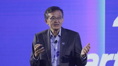 Intel CEO Lip-Bu Tan delivers a speech during the Computex 2025 exhibition in Taipei, Taiwan, Monday, May 19, 2025.