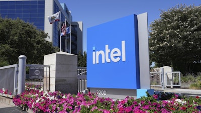 An Intel sign is shown at the chipmaker's global headquarters in Santa Clara, Calif. on Friday, Aug. 8, 2025.