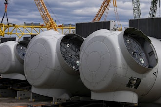Wind turbine components sit at New London State Pier, April 16, 2025, in New London, Conn.