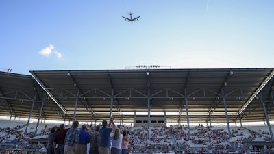 This photo provided by the North Dakota Governor's Office shows a B-52 bomber from Minot Air Force Base in a flyover at the North Dakota State Fair on July 18, 2025, in Minot, N.D.