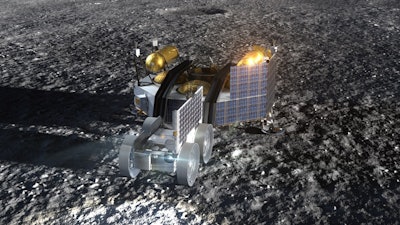 A rendering of Astrolab's FLEX Lunar Innovation Platform (FLIP) rover on the Moon after egress from Astrobotic's Griffin lander.