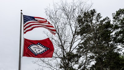USA and Arkansas flags outside Lake Catherine State Park Headquarters.