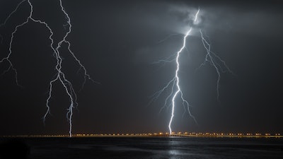 Lightning over Howard Frankland Bridge in Tampa, Florida.