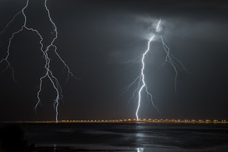 Lightning over Howard Frankland Bridge in Tampa, Florida.