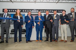 Mississippi Governor Tate Reeves, Tom Jones, corporate vice president and president, Aeronautics Systems, Northrop Grumman and representatives from the state of Mississippi and NEMCC cut the ribbon on Northrop Grumman Aerospace Lab.