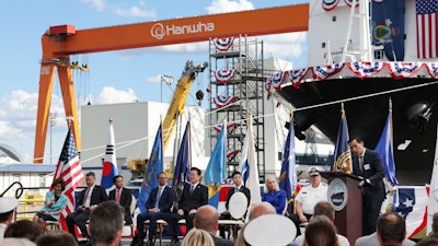 Dong Kwan Kim, Vice Chairman of Hanwha Group, delivers welcome speech at the ship naming ceremony held at Hanwha Philly Shipyard.