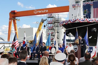 Dong Kwan Kim, Vice Chairman of Hanwha Group, delivers welcome speech at the ship naming ceremony held at Hanwha Philly Shipyard.