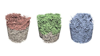 These three images show carbon fiber sample degradation left to right under high, medium, and low temperatures after 10 seconds of exposure. The colorized portion represents the oxidized volume. On the left, the high temperature sample shows a shallow area of degradation in red, the middle sample shows an increased depth of degradation in green and on the right, the low-temperature sample shows carbon fiber oxidation throughout the entire sample in blue.