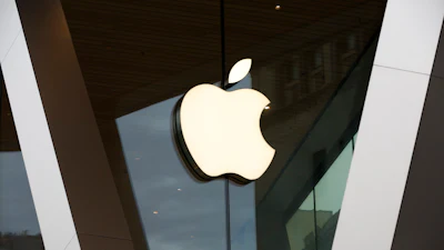 An Apple logo adorns the facade of the downtown Brooklyn Apple store on March 14, 2020, in New York.