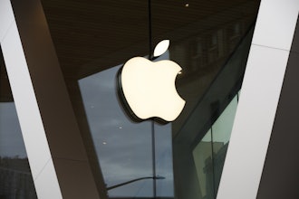 An Apple logo adorns the facade of the downtown Brooklyn Apple store on March 14, 2020, in New York.