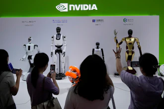 Visitors give commands to a robot at Nvidia's booth during the 3rd China International Supply Chain Expo at the China International Exhibition Center, in Beijing, July 18, 2025.