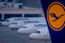 Lufthansa aircrafts are parked at the airport in Frankfurt, Germany, Thursday, March 7, 2024.