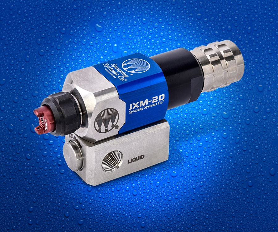 Industrial blue and silver JXM-20 liquid spraying system device on water droplet background