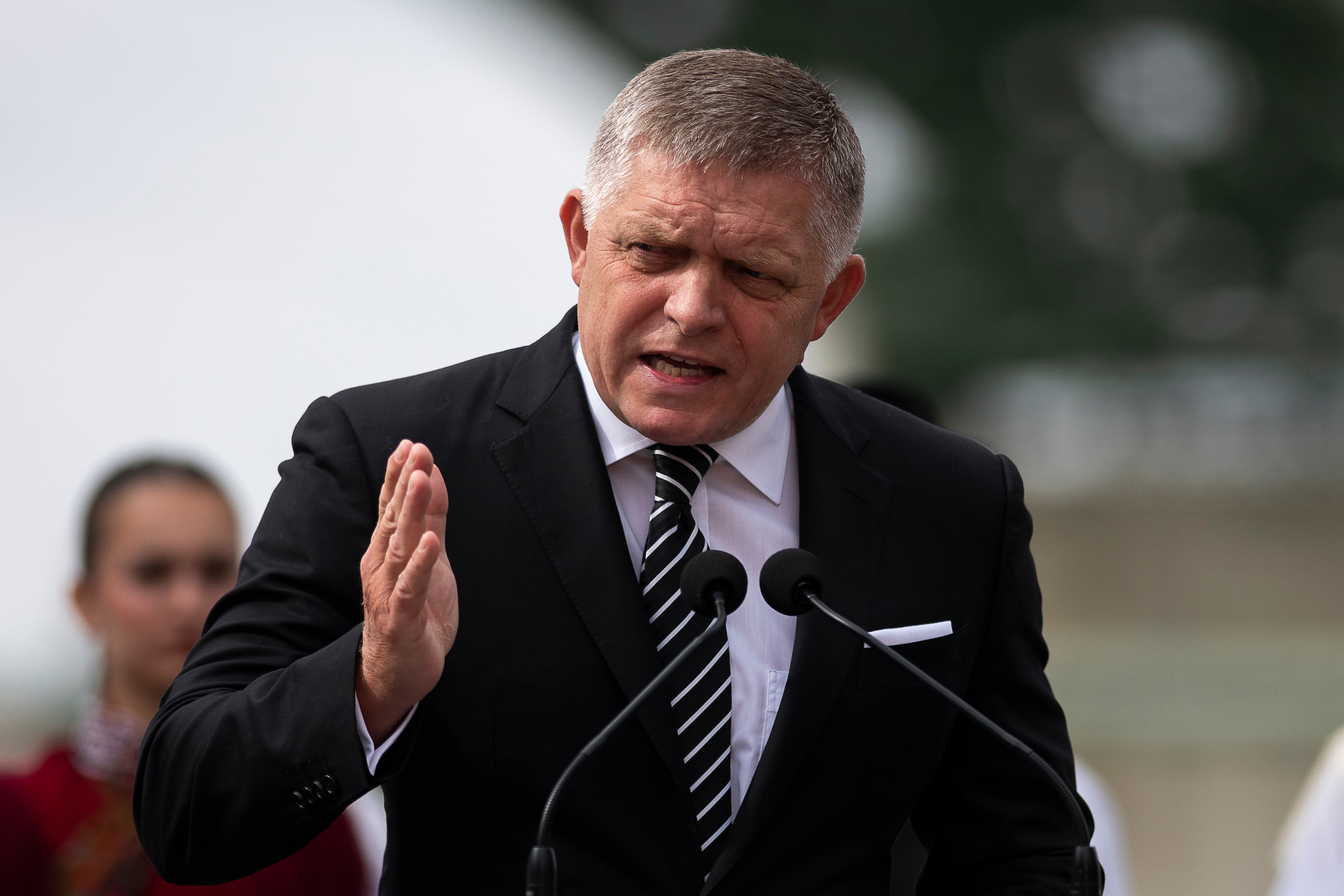 Slovakia's Prime Minister Robert Fico delivers his speech during the 130th anniversary celebration of M&aacute;ria Valeria Bridge in Esztergom, Hungary, on Sunday, Sept. 28, 2025.