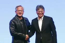 Nvidia Chief Executive Jensen Huang, left, and Fujitsu Chief Executive Takahito Tokita shake hands during an announcement in Tokyo Friday, Oct. 3, 2025.