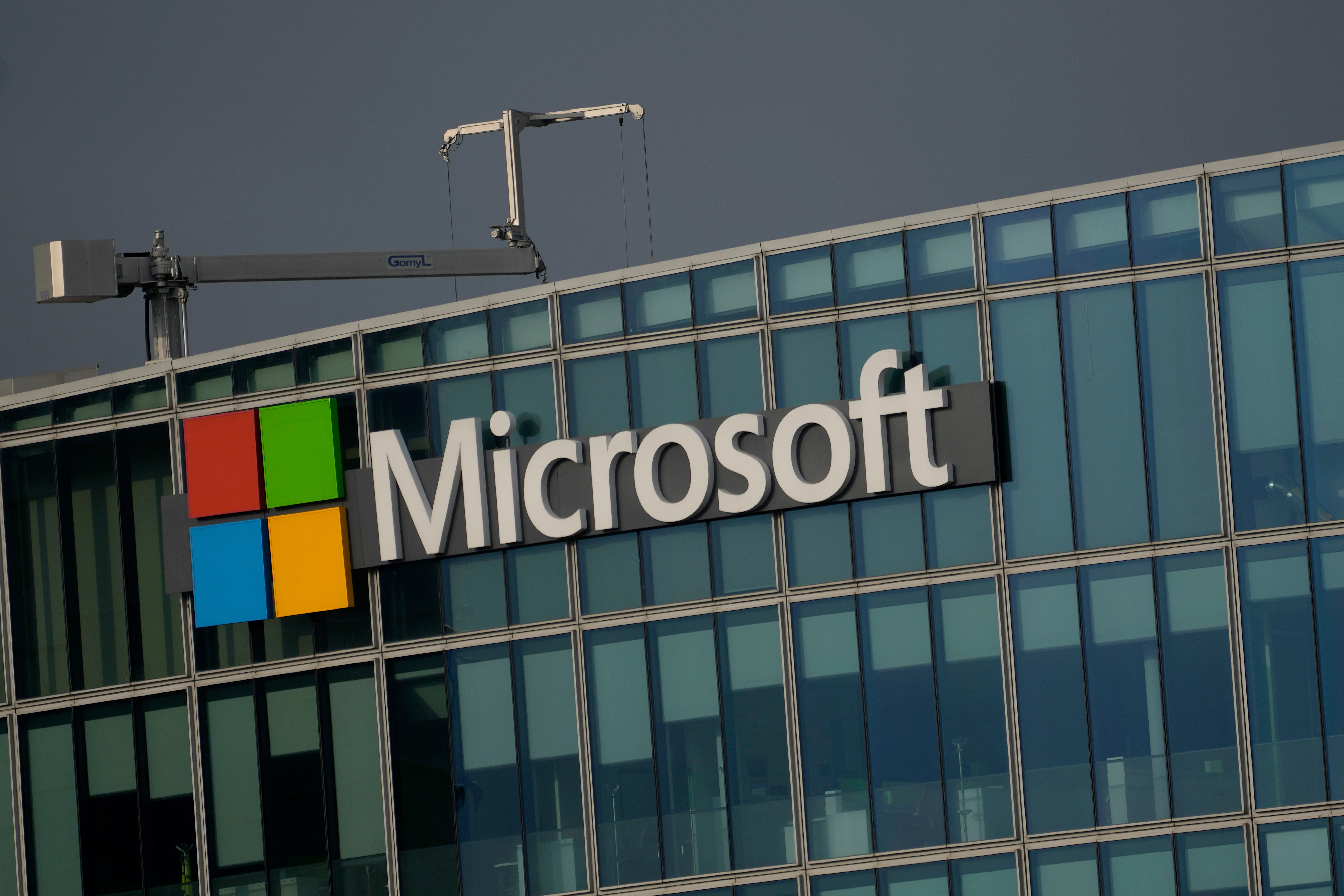 The logo of Microsoft is seen outside its French headquarters in Issy-les-Moulineaux, outside Paris on May 13, 2024.