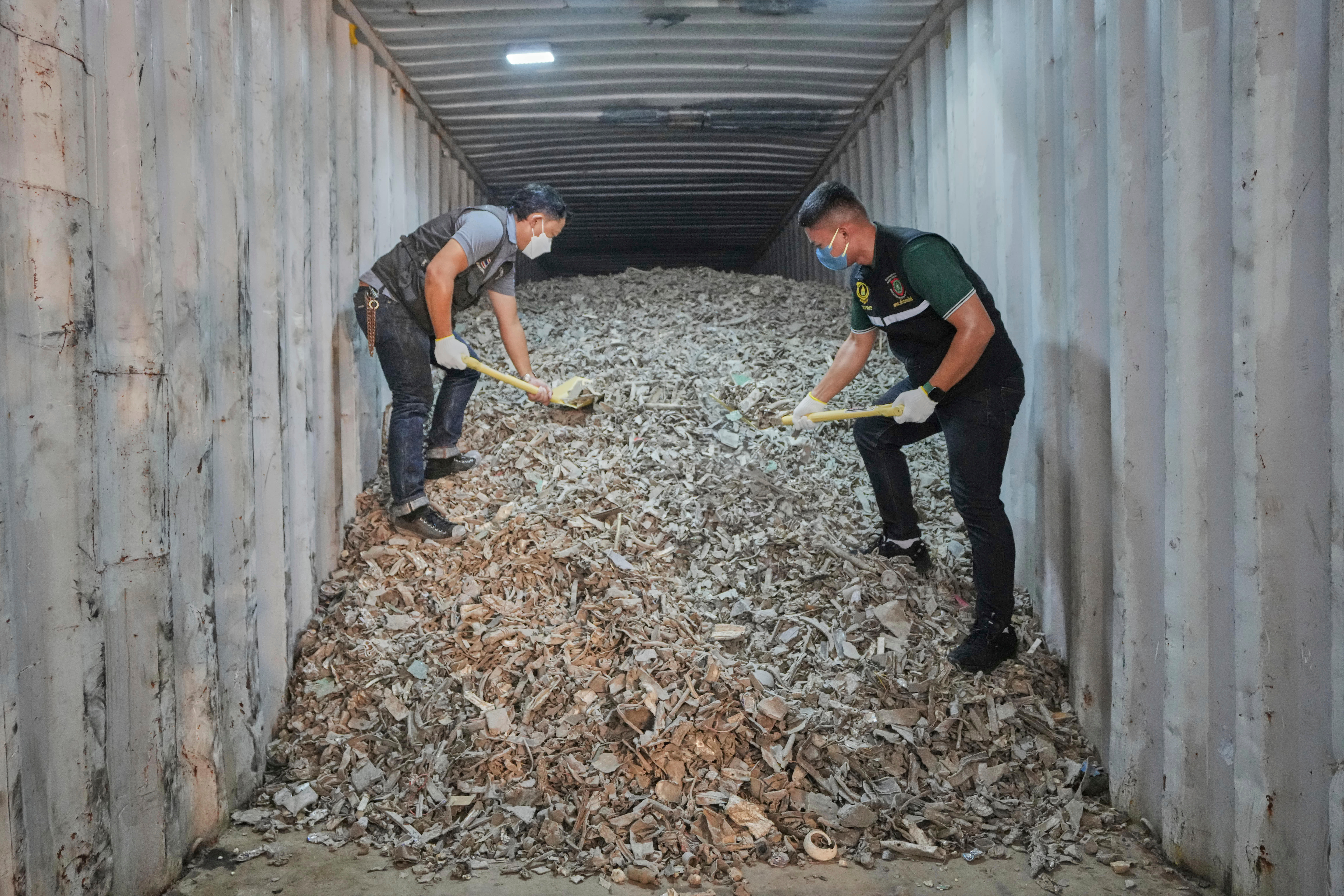 Thai officials show samples of illegally imported electronic waste from the United States which they said they seized at Bangkok Port during a press conference in Bangkok, Thailand, May 14, 2025.