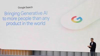 Alphabet CEO Sundar Pichai speak at a Google I/O event in Mountain View, Calif., Tuesday, May 20, 2025.