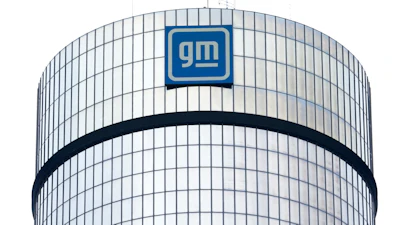 The General Motors logo is seen at its headquarters in Detroit on April 24, 2024.