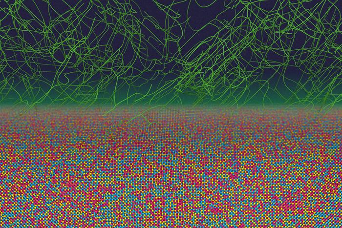 A computer simulation shows metallic alloy where atoms (colored spheres) are arranged in subtle chemical patterns beneath a network of dislocations (green lines). These tangled defects move during processing and help create the nonequilibrium atomic order discovered by the MIT team.