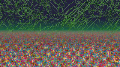 A computer simulation shows metallic alloy where atoms (colored spheres) are arranged in subtle chemical patterns beneath a network of dislocations (green lines). These tangled defects move during processing and help create the nonequilibrium atomic order discovered by the MIT team.