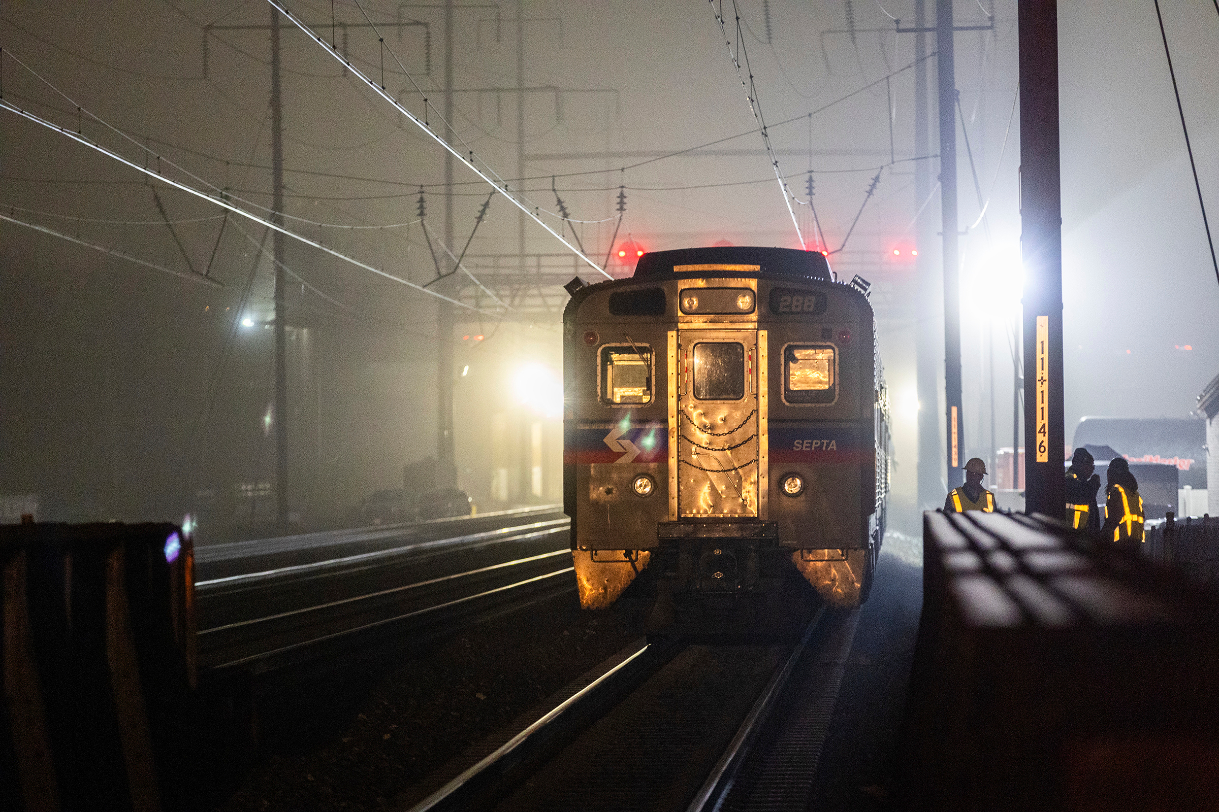 A SEPTA Regional Rail train sits after the train caught fire Feb. 6, 2025 in Ridley Park, Pa.