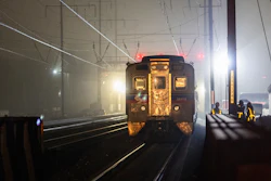 A SEPTA Regional Rail train sits after the train caught fire Feb. 6, 2025 in Ridley Park, Pa.
