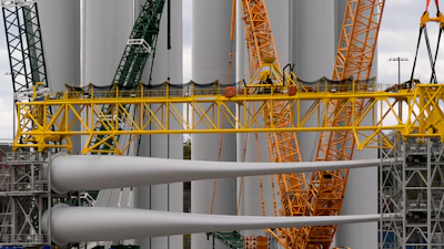 Wind turbine components sit at New London State Pier, April 16, 2025, in New London, Conn.
