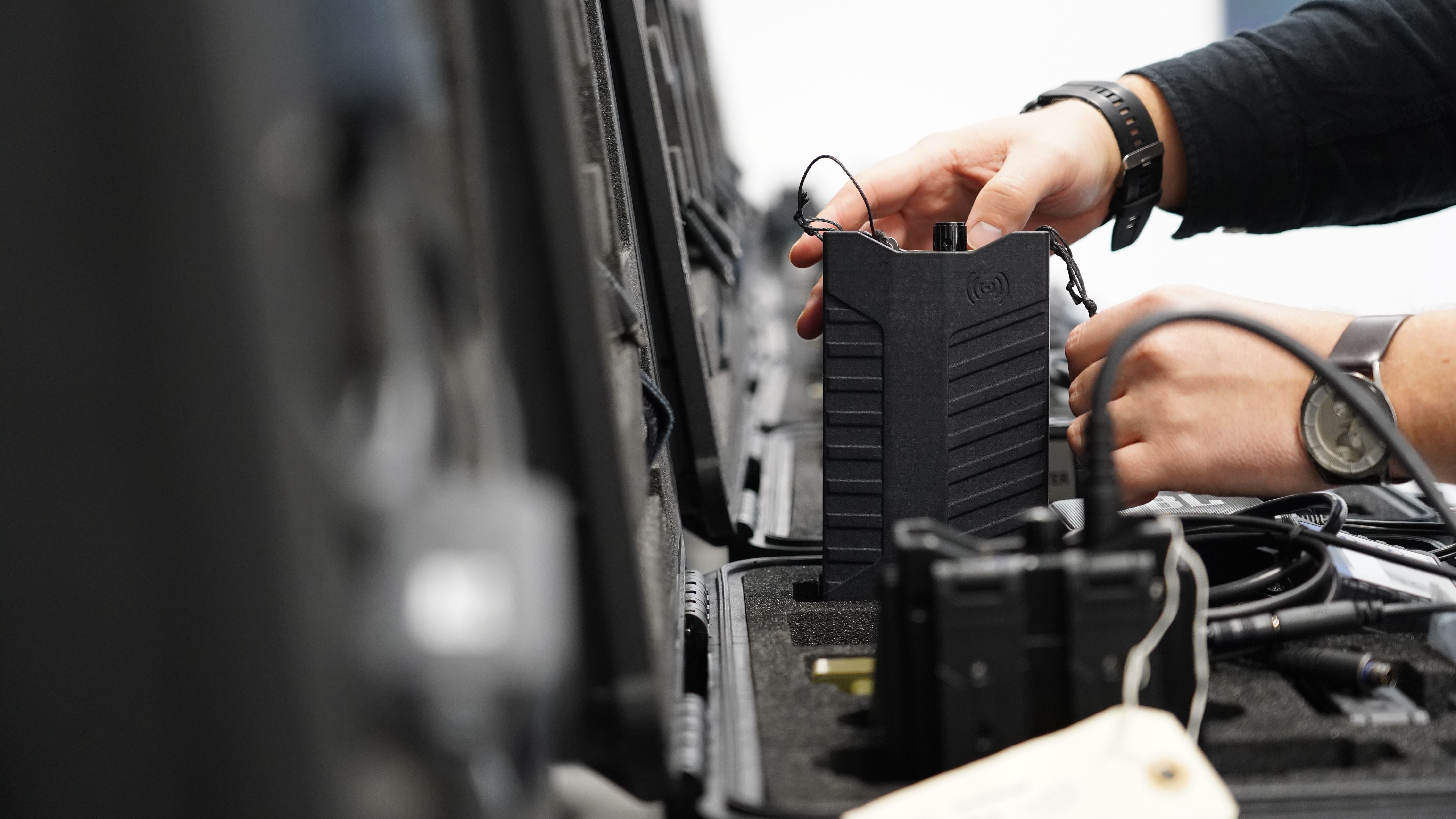 A worker packs away assembled counter drone devices at MyDefence's headquarters in Alborg, Denmark, on Oct. 28, 2025.