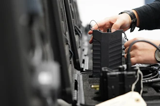 Hands connecting black electronic device to technical equipment