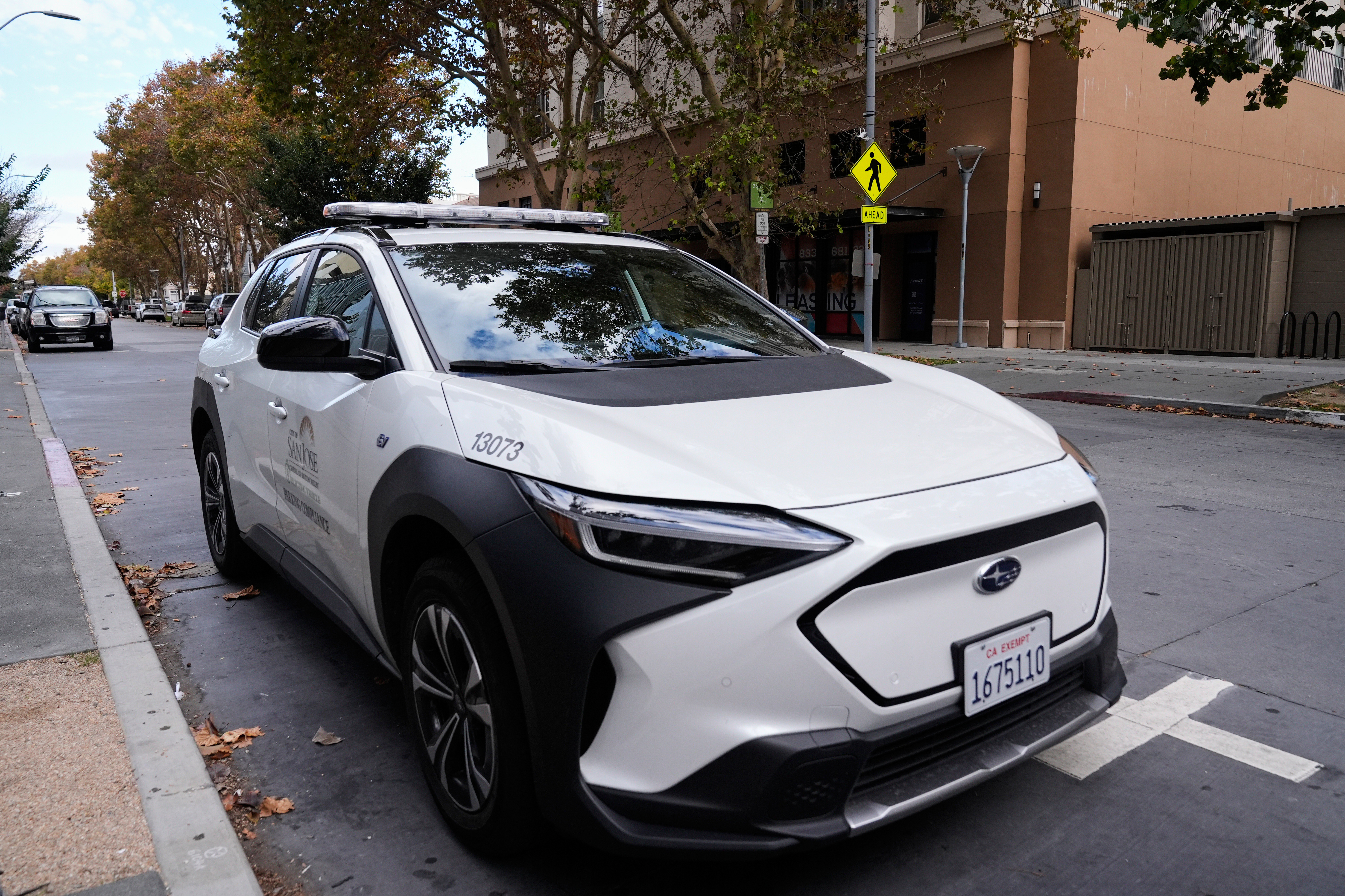 This City of San Jose parking enforcement vehicle is one of two equipped with a small detection camera that can detect road hazards and potholes, in San Jose, Calif., Wednesday, Nov. 12, 2025.