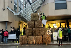 Haystacks pile up outside a court house as French oil giant TotalEnergies is on trial, accused by Belgian farmer Hugues Falys and three environmental groups of bearing responsibility for climate change, Wednesday, Nov. 19, 2025 in Tournai, Belgium.