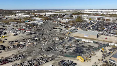 This photo provided by the National Transportation Safety Board shows UPS plane crash scene on Nov. 6, 2025 in Louisville, Ky.