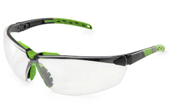 Green and black safety glasses with clear protective lenses