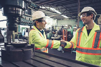 Factory workers shake hands in the factory.
