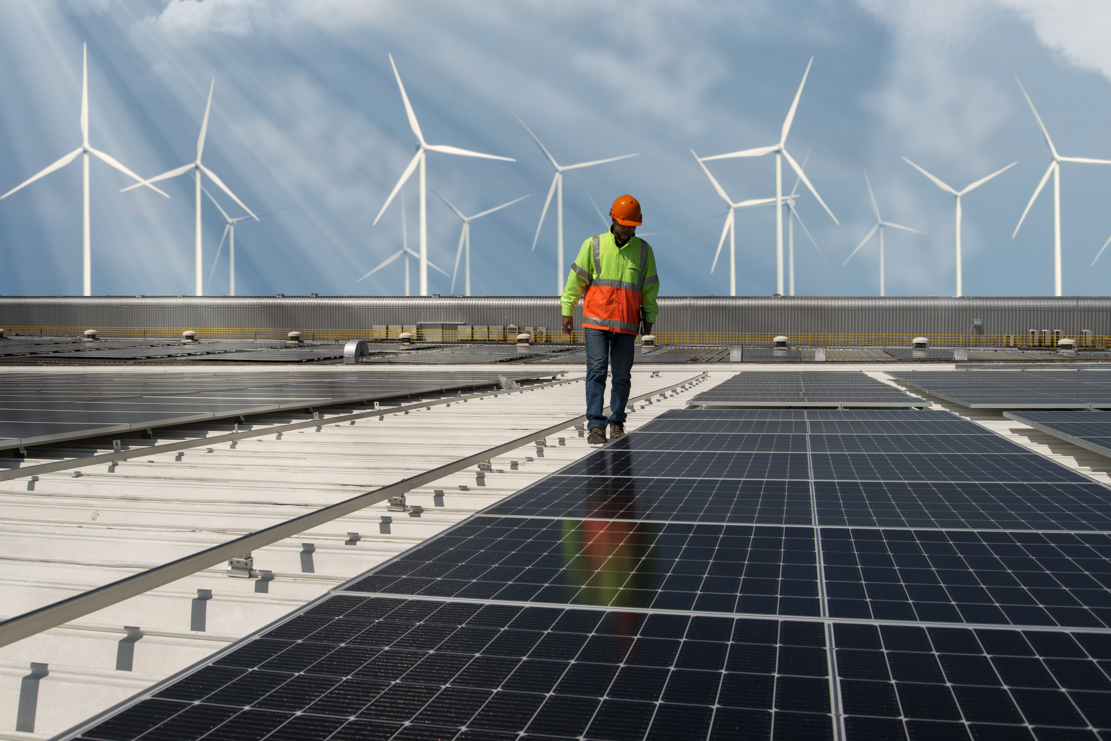 Engineer inspecting solar panels.