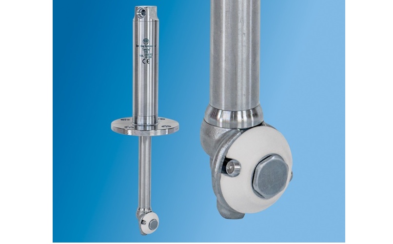 Stainless steel industrial sensor with mounting flange and white ball joint