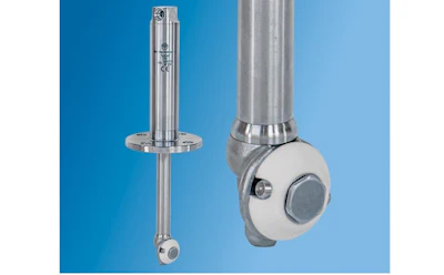 Stainless steel industrial sensor with mounting flange and white ball joint