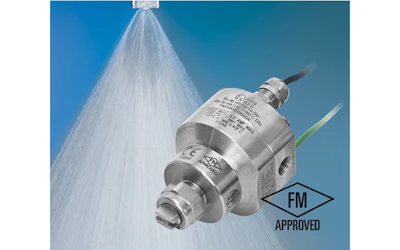 FM Approved industrial spray nozzle with water stream against blue background