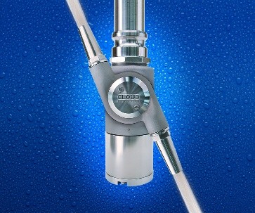 Metallic industrial valve or precision mechanical component on blue gradient