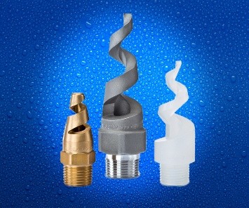 Three industrial spiral spray nozzles in gold, gray, and white on blue background