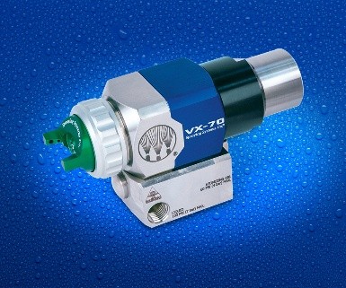 Precision industrial valve or pneumatic component with metallic and green elements