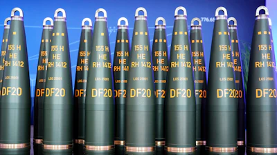 Artillery shells of German arms manufacturer Rheinmetall are displayed in Unterluess, Germany, Wednesday, Aug. 27, 2025.