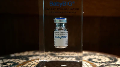 A glass case displaying a vial of BabyBIG, the treatment for infant botulism is shown on Nov. 21, 2025 in Aos Altos, Calif.