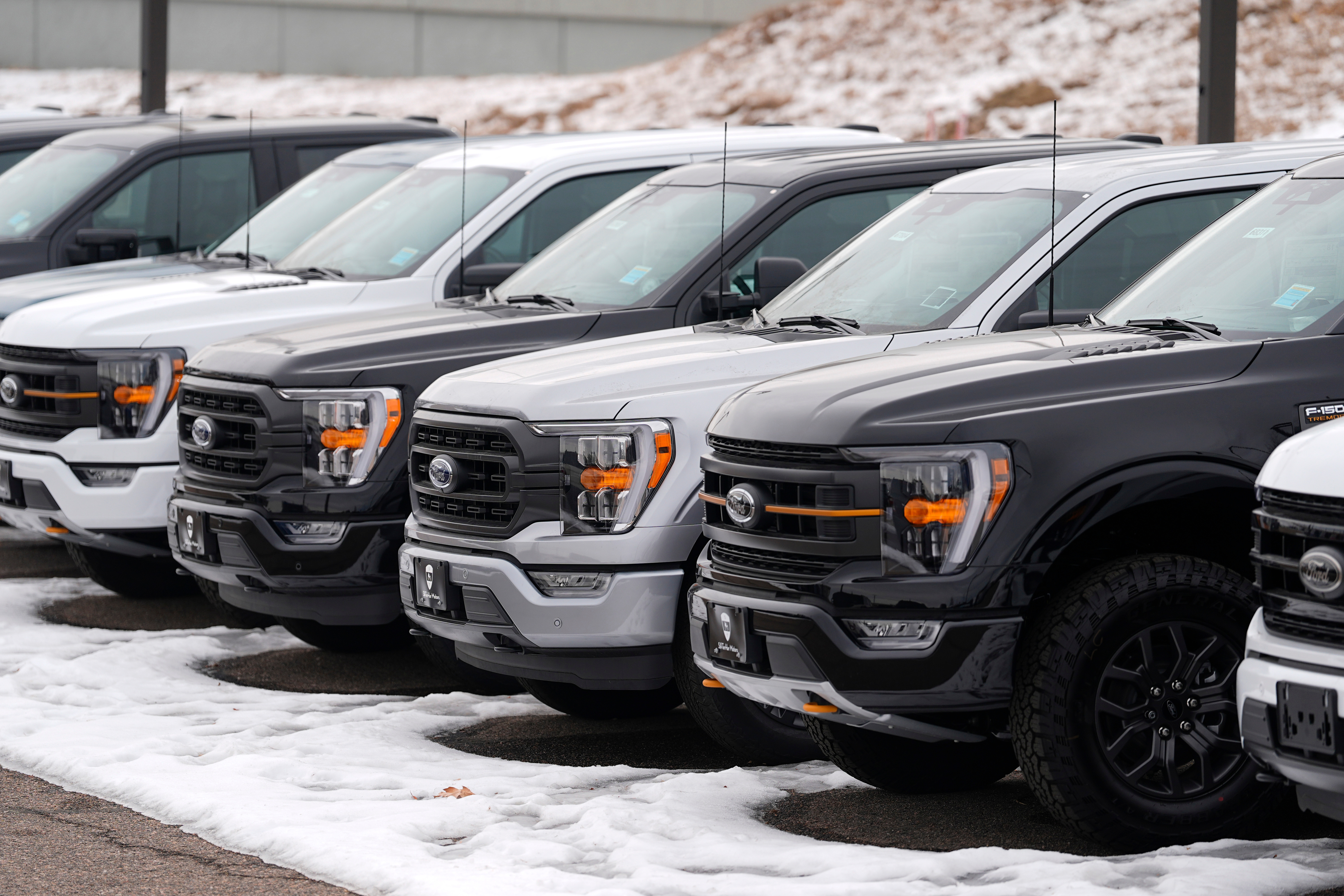 Unsold 2024 F150 pickup trucks sit in a long row at a Ford dealership Sunday, Jan. 21, 2024, in Broomfield, Colo.
