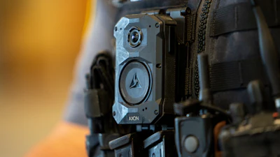 An Axon body camera is worn by MSGT Matt Gilmore who is one of the officers using Axon's Draft One AI software at OKCPD headquarters on Friday, May 31, 2024 in Oklahoma City, Oklahoma.