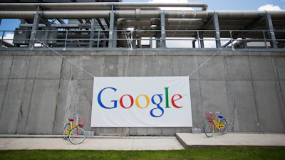 A banner hangs during a ceremony announcing a proposed $300 million expansion of Google's data center operations Tuesday, June 2, 2015, in Lithia Springs, Ga.