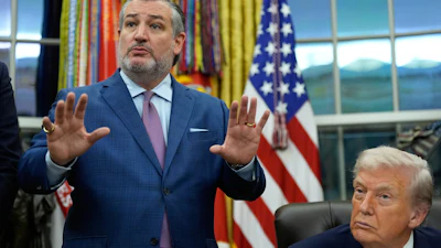Ted Cruz R-Texas, left, speaks during a signing ceremony regarding AI initiatives with President Donald Trump in the Oval Office of the White House, Thursday, Dec. 11, 2025, in Washington.